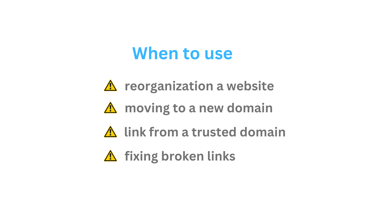 Illustration showing when to use a 301 redirect for SEO purposes, depicting the flow of traffic and search engine ranking benefits