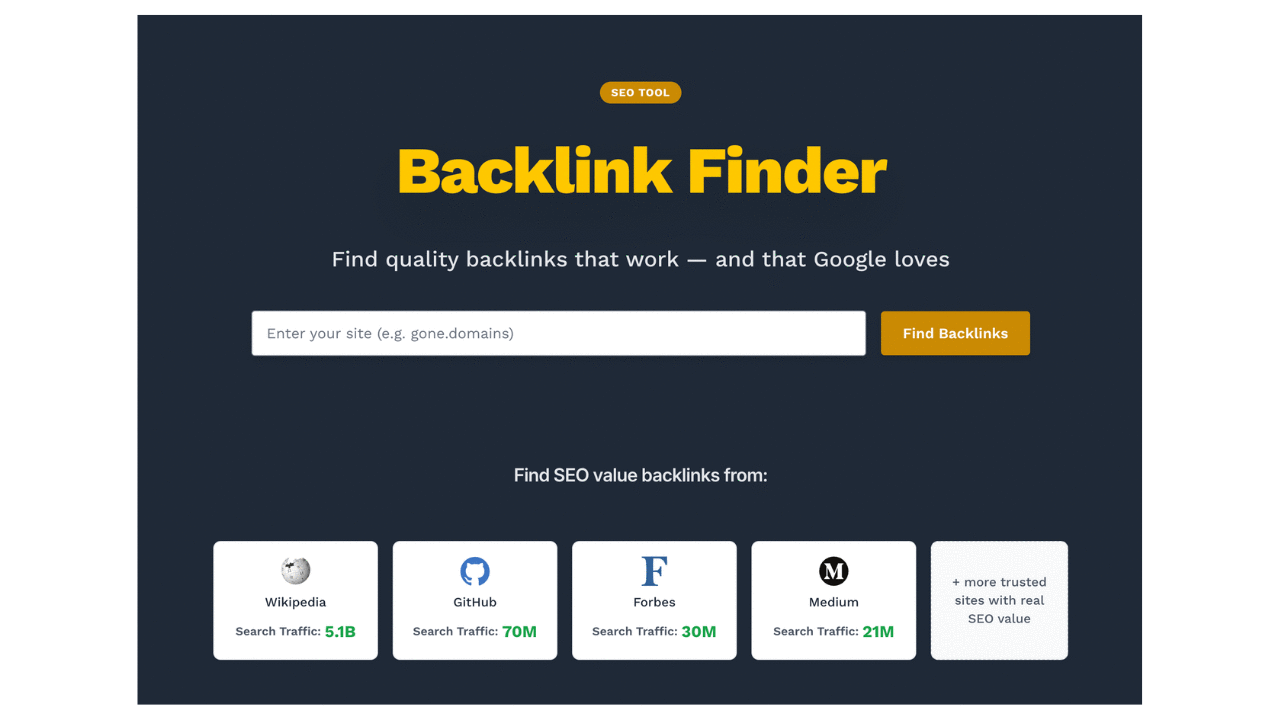 Backlink finder interface shows form of finding backlinks and from what trusted websites you will have backlinks 