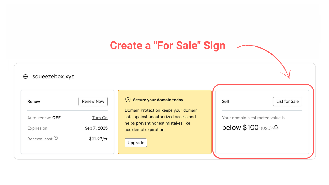 Set up a 'For Sale' sign on your GoDaddy account to boost your chances of selling your domain name on GoDaddy