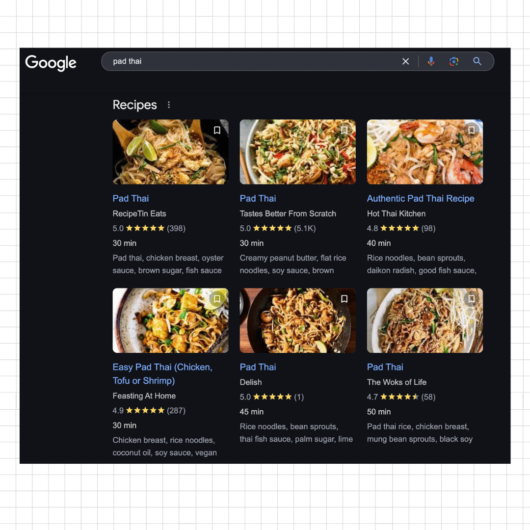 The Pad Thai search query in Google shows results with recipes, thanks to structured data markup.