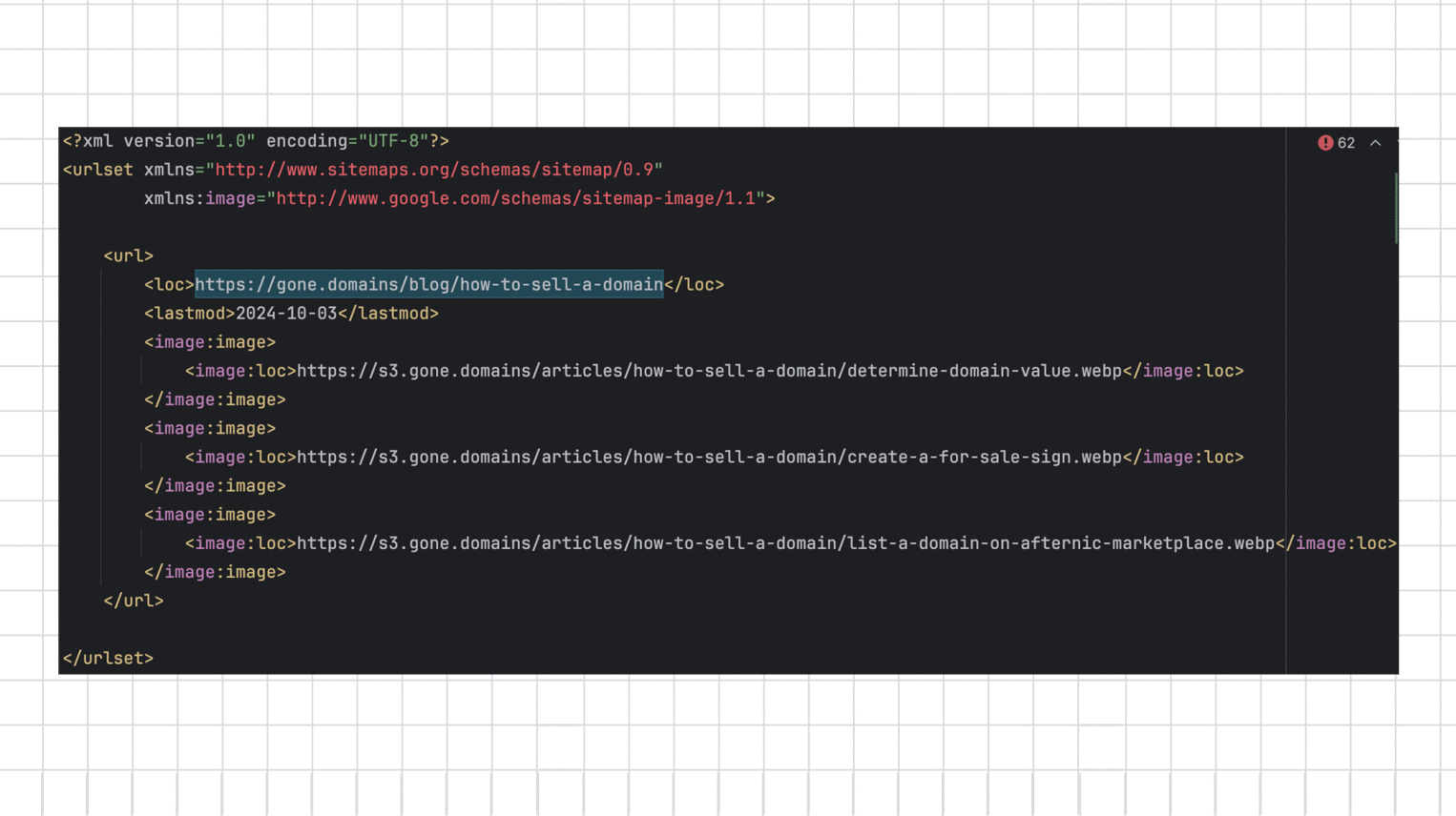 An example of sitemap.xml with URLs and images that help Google find images on your site and improve your ranking in Google Image Search