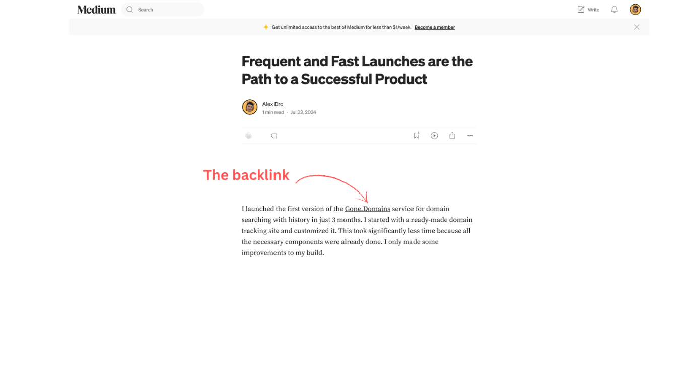 An example of a backlink from a Medium article