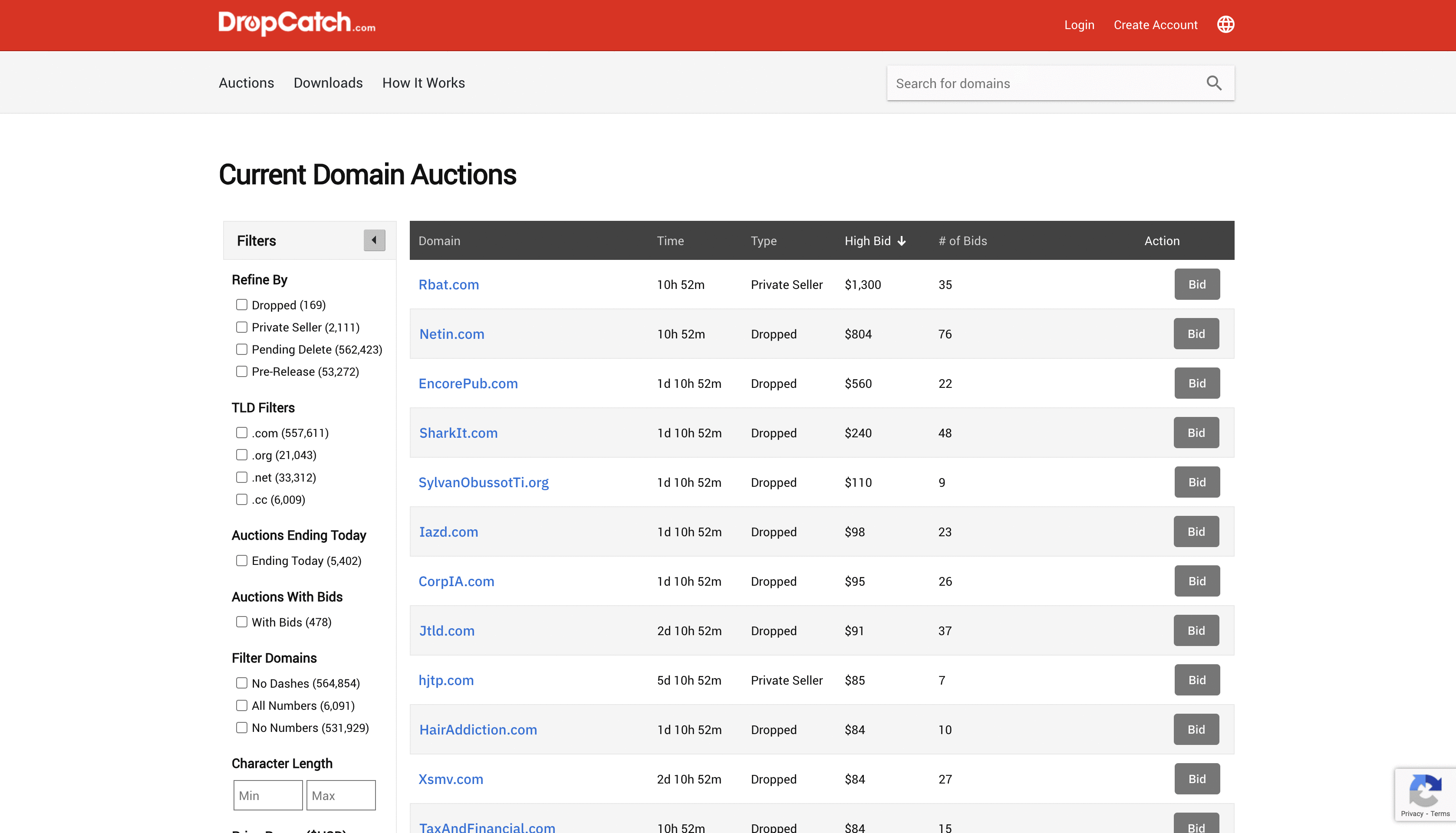 Main page of DropCatch auction platform.