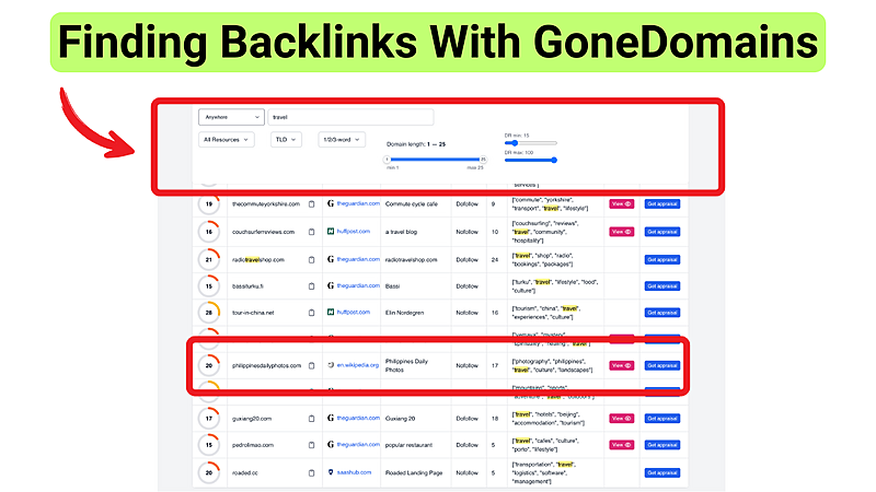 Screenshot showing how to find backlinks on expired domains using ...