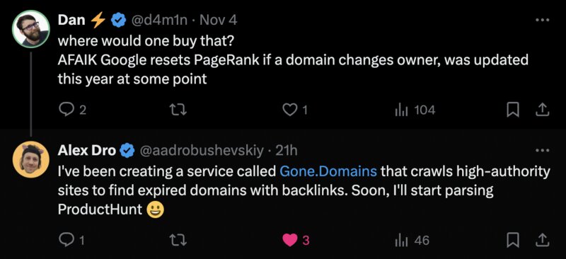 Comment on X (formerly Twitter) with a link to the Gone.Domains website. This demonstrates how to create backlinks from social media.