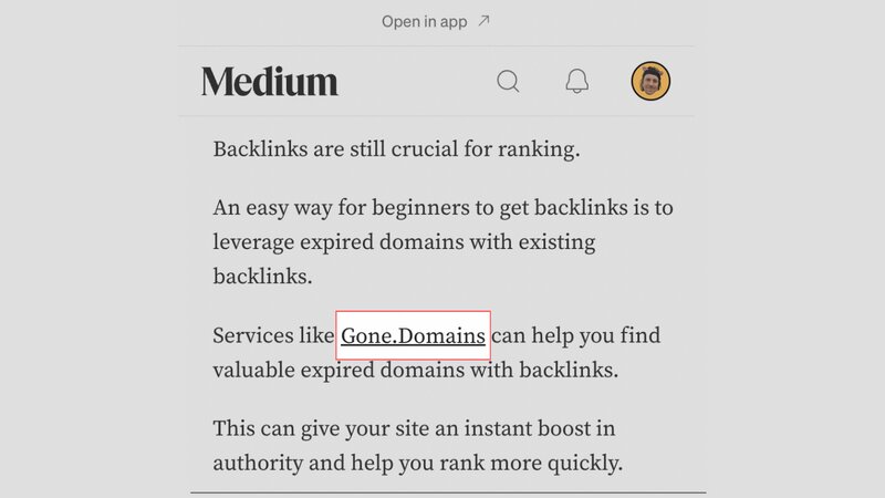 A backlink from a Medium article to the Gone.Domains backlink service