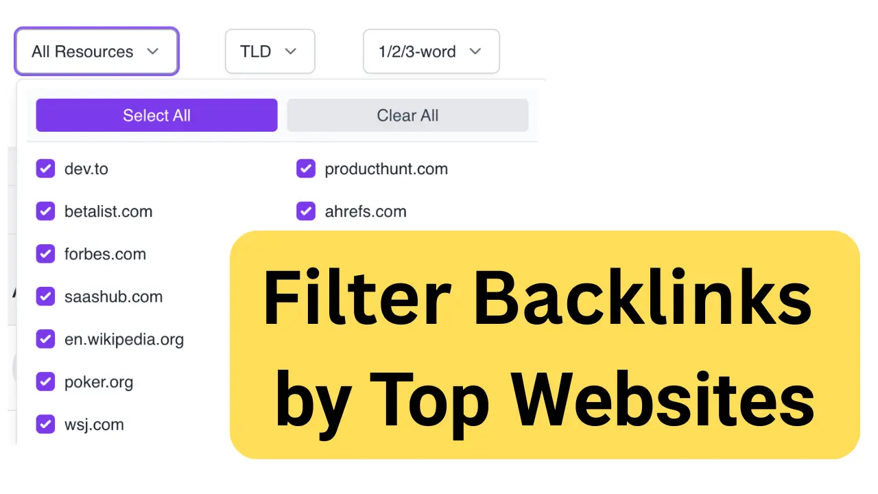 Filter feature on GoneDomains to find backlinks in one click by filtering big websites